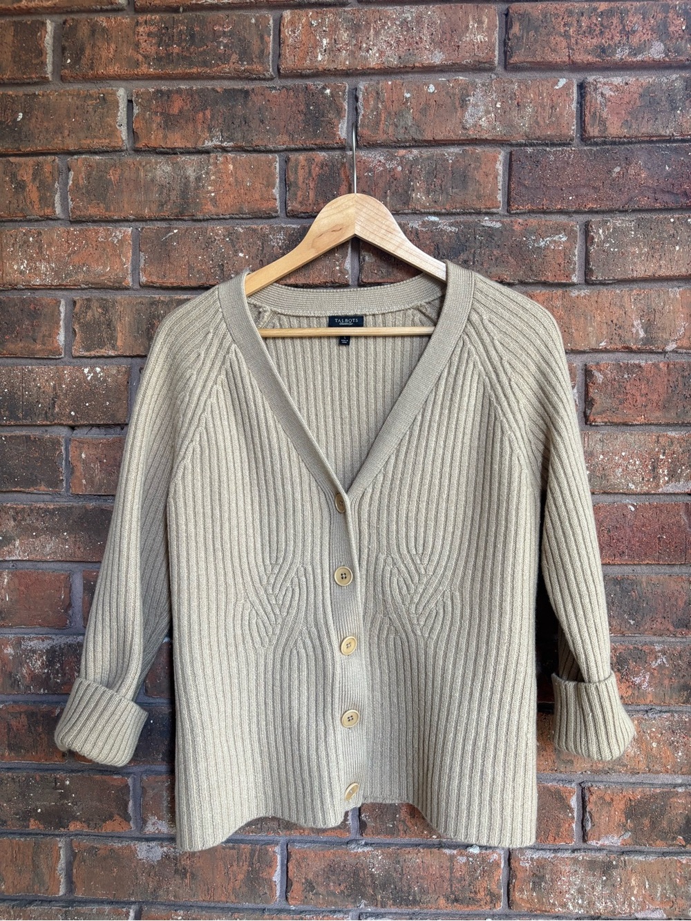 Talbots. Women’s Camel/Tan Ribbed V-Neck Button Cardigan Sweater